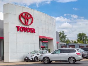 Toyota autombile dealership exterior and trademark logo