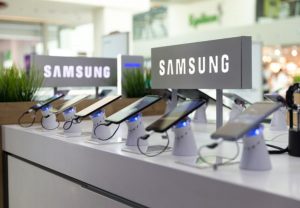 Samsung Galaxy Smartphones are shown on display in electronic store